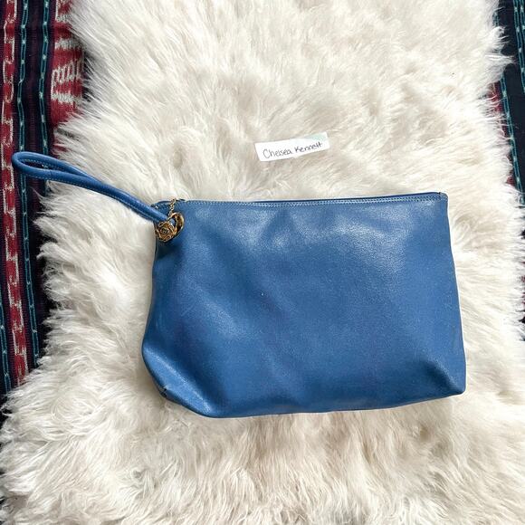 Gucci Handbags - Gucci Vintage Oversized Clutch Wristlet Pouch Logo Medallion Blue